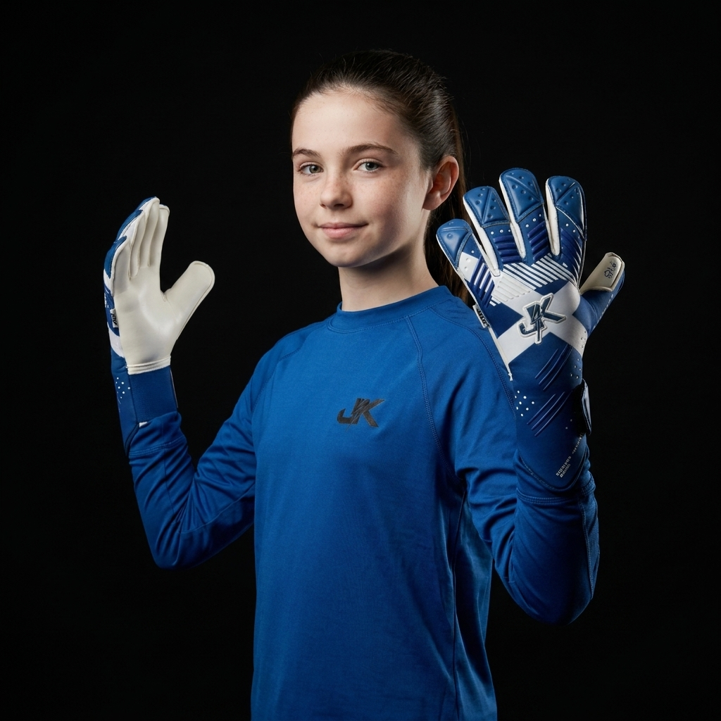 female keeper wearing J4K goalkeeper gloves